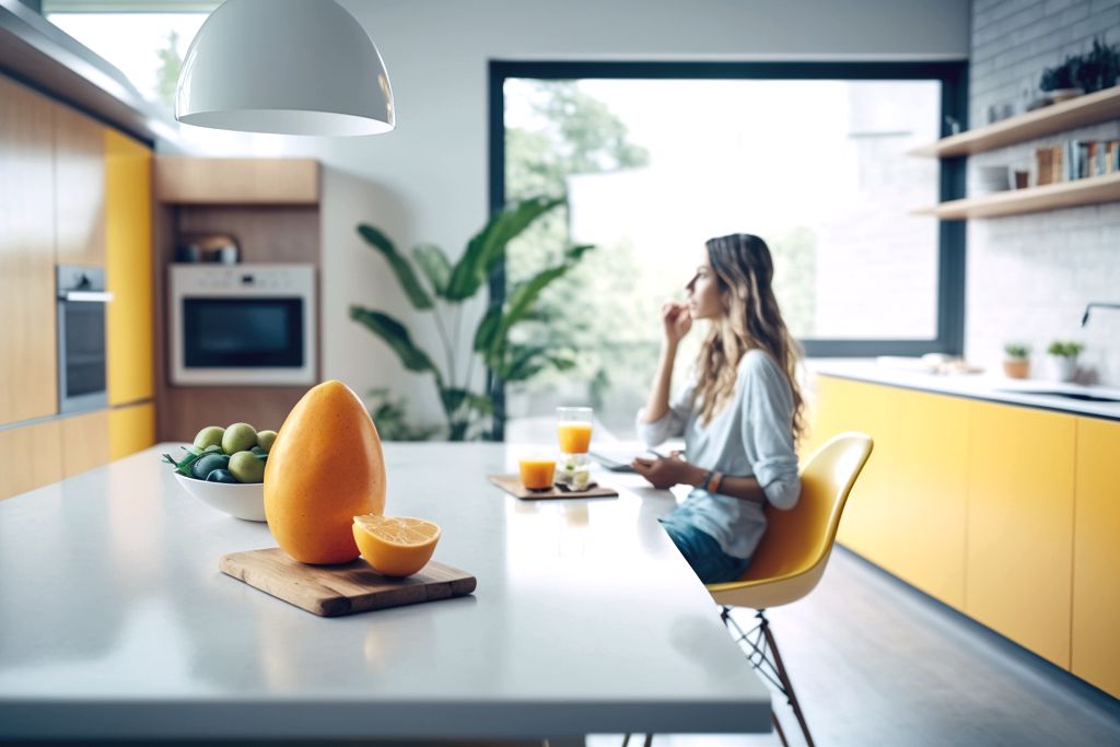 A woman eating mango in a modern kitchen