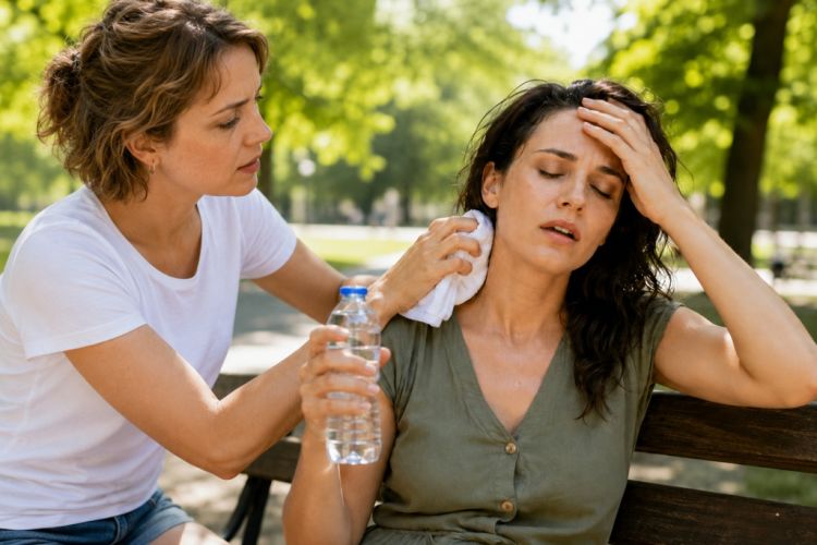 Eine Frau hilft einer überhitzten Frau auf einer Parkbank mit Wasser und einem feuchten Tuch im Nacken.