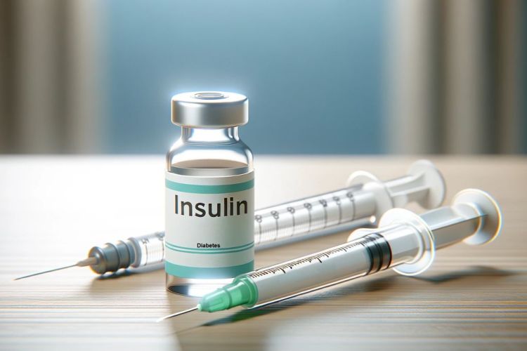 medizinisches Fläschchen mit der Aufschrift "Insulin" neben einer Einwegspritze mit einem grünen Kolben