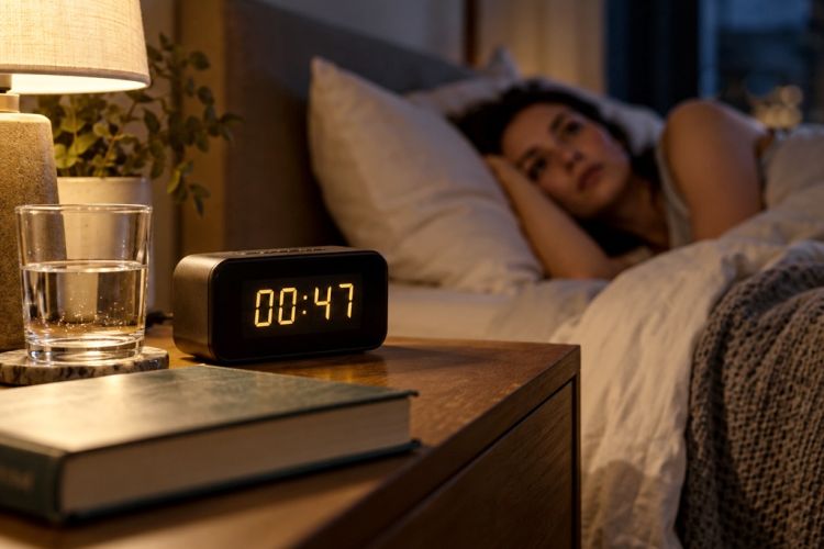Digitaler Wecker zeigt 00:47 Uhr auf einem Nachttisch, während eine Frau nachts wach im Bett liegt. Spätes Schlafengehen kann die Schlafqualität beeinträchtigen.